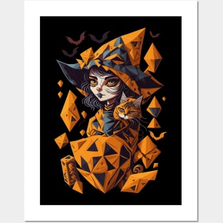 Geometric Halloween Witch with Cat Posters and Art